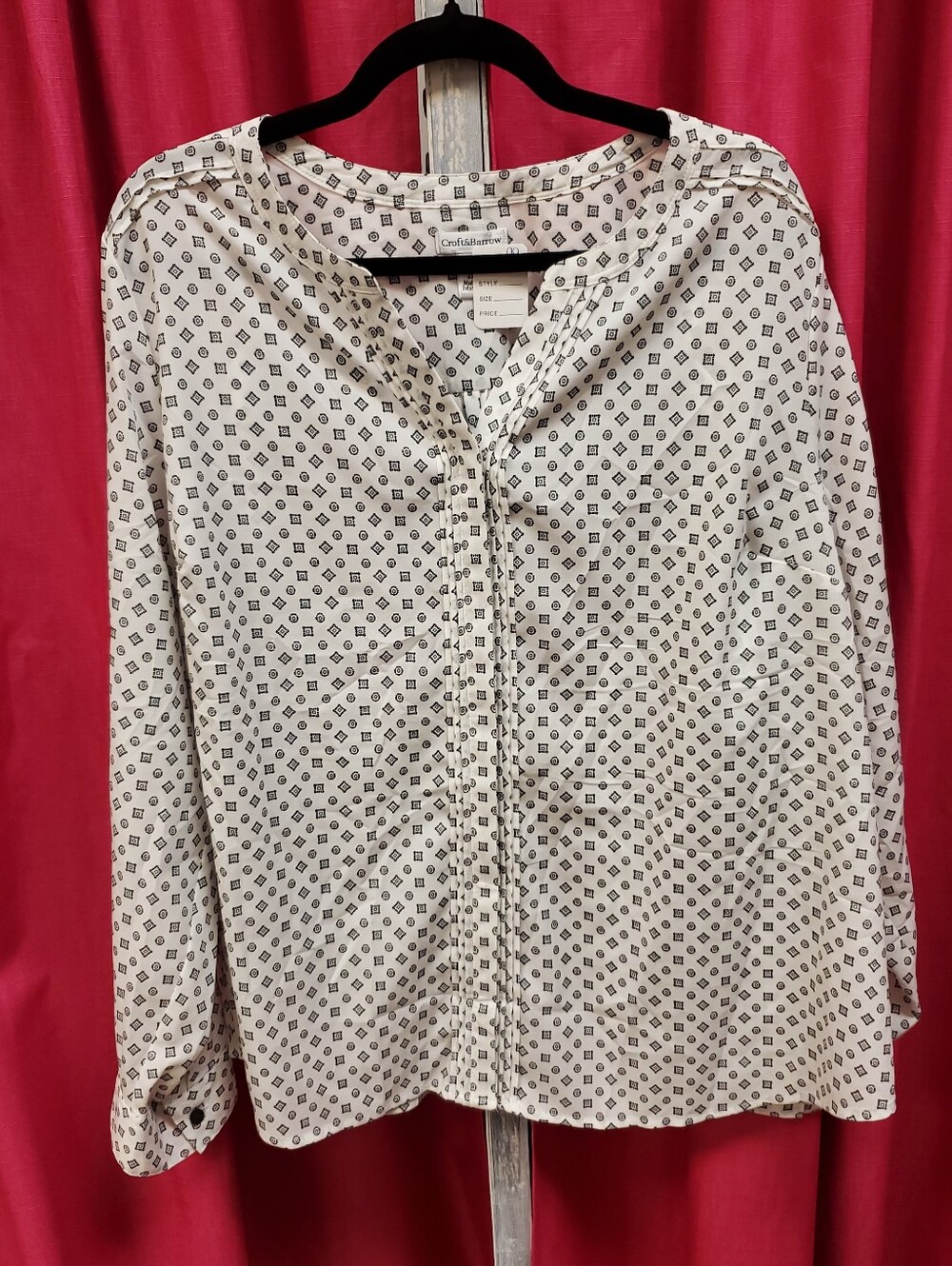 Croft & Barrow Women’s 2X Blouse Ivory Wht/Black Geometric Print Long Sleeve Top